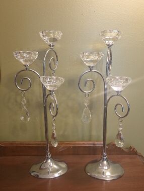 Crystal & Silver Scroll Five-Arm Candle Holder Pair